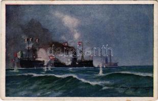 Die Seeschlacht bei Lissa. SMS Erzherzog Ferdinand Max durchbricht an der Spitze der k.u.k. Flotte die Linie der feindlichen Schiffe. K.u.K. Kriegsmarine. Kriegshilfsbüro Nr. F. 105. / Az SMS Erzherzog Ferdinand Max csatahajó áttöri az ellenséges hajók vonalát a lissai csatában / Battle of Lissa (1866), flagship SMS Erzherzog Ferdinand Max breaks through the enemy ships line s: Harry Heusser