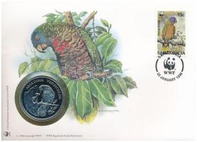 Saint Lucia DN (1991) "A Világ Vadvédelmi Alap (WWF) 30. évfordulója - Amazona Versicolor (Kékmaszkos Amazonpapagáj)" kétoldalas fém emlékérem érmés borítékban, bélyeggel és bélyegzéssel, német nyelvű ismertetővel T:PP Saint Lucia ND (1991) "30th Anniversary of the World Wildlife Fund - Amazona Versicolor" two-sided metal commemorative medallion in envelope with stamp and cancellation, with German description C:PP