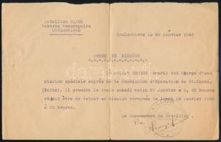 1945.I.26. Coulommiers, a francia 51/22 zászlóalj (1944-ben Párizsban alakult, főként zsidókból, Olaszországból, Spanyolországból, Romániából, Magyarországról menekültekből összeállt alakulat, amely 1945. júniusáig létezett) parancsnokának megbízása Bartha Emeric (Imre) részére "különleges küldetésről", aláírással, "Le Commandant Bataillon 51/22" bélyegzéssel, hátoldalt ragasztással javított, 21x13,5 cm