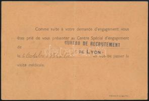 1939 Lyon, a francia hadsereg behívójegye magyar önkéntes részére, "Bureau de recrutement de Ly...