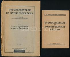 Gyümölcsaszalás és zöldségszárítás házilag. Bp., 1943, Athenaeum, 27 p. Kiadói papírkötés, kis lapszéli sérülésekkel (felvágták a lapokat.) + M. Bircher-Benner - Max Edwin Bircher: Gyümölcsételek és nyersfőzelékek. A táplálkozás mint természetes gyógtényező. Bp., én.,Madách (rajta Novák Rudolf címke.) Kiadói papírkötés, sérült borítóval, a könyvtest elvált a borítótól.