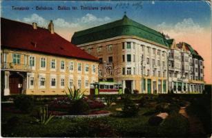 1922 Temesvár, Timisoara; Belváros, Balázs tér, Timisiana palota, villamos / square, palace, tram (EK)