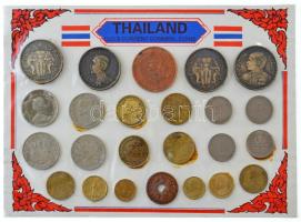 Thaiföld szuvenír érme összeállítás a régi- és a jelenlegi érmék válogatásából, karton díszlapra ragasztva T:AU-F Thailand souvenir coin set, the old- and current commen coins glued on cardboard T:AU-F