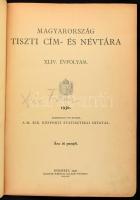 Magyarország tiszti cím- és névtára. 1936. XLIV. évfolyam. Szerk. és kiadja a M. Kir. Központi Statisztikai Hivatal. Bp., 1936., M. Kir. Állami Nyomda, XVI+664+26 p. Kiadói egészvászon-kötés, kopott borítóval, sérült gerinccel, egy kijáró lappal, laza fűzéssel.