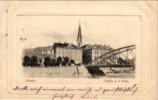 1901 Villach (Kärnten), Partie a. d. Drau / riverside, bridge (EK)