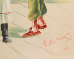 Olvashatatlan jelzéssel (...Henrik): Magyar dínom-dánom. Akvarell, selyem. Dekoratív, üvegezett fake...