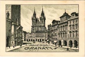 Praha, Prague, Prag; Pravé Ceské granáty, Klenotník Ig. Al. Kerlitzky, St. Kynzl, J.Z. Schütz, Binder / Altstädter Ring. Eingang in das Rathaus / old town, town hall, Tyn church, shops. Ig. Al. Kerlitzky jeweler advertisement on the backside (non PC)