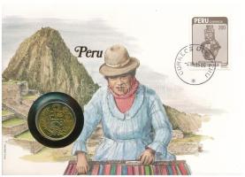 Peru 1982. 50I Cu-Ni felbélyegzett borítékban, bélyegzéssel, német nyelvű leírással T:UNC,AU Peru 1982. 50 Intis Cu-Ni in envelope with stamp, with German description C:UNC,AU