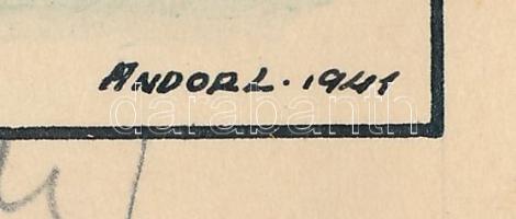 Andor Loránt (1906-1966): Pihenő (Illusztráció), 1941. Tus, akvarell, papír, jelzett, 7x17 cm