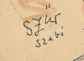 Szűr Szabó József (1902-1993): Élet az udvaron (Illusztráció). Tus, akvarell, papír, jelzett, 14x19 ...