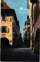 Bolzano, Bozen (Südtirol); Die Laubengasse / street view, shop of A. Dinzl (worn corner)