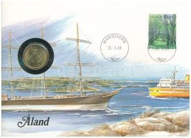 Finnország / Aland 1986. 20p Al-bronz felbélyegzett borítékban, bélyegzéssel, német nyelvű leírással T:UNC Finland / Aland 1986. 20 Penniä Al-bronze in envelope with stamp, cancellation and a prospectus in german C:UNC