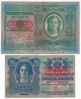 1912. 100K + 1913. 20K II. kiadás, mindkettő vízszintes piros "DEUTSCHÖSTERRECIH" felülbél...