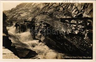 Gotthardpass, Schöllenenbahn mit Reussfall / railway bridge, train