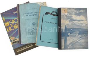 4 darab repüléssel kapcsolatos technikai könyv. Szentesi György: A hangrobbanástól a hőhatárig. Zsabrov: A repülés elmélete és technikája. Primenko: Lökhajtásos motorok. Tardos Béla: Sportrepülőknek a légkörről. Borítókon sérüléssel.