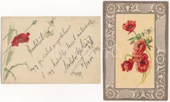 8 db RÉGI hosszú címzéses virágos litho képeslap vegyes minőségben: pipacsok