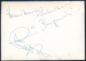 Demjén Ferenc (1946- ) Kossuth-díjas zenész, énekes, dalszövegíró, a Bergendy-együttes tagjának autográf aláírása és dedikációja az együttest ábrázoló kép hátoldalán, 10x14,5 cm