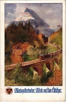 Mariazellerbahn, Blick auf den Ötscher / railway line, railway bridge, train, locomotive. Deutscher Schulverein Karte Nr. 713. (fl)