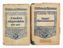 Kultura és Tudomány sorozat 2 kötete: Kant-breviarium. Kant világnézete és életfelfogása. Összeáll.: Gross Félix. Ford.: Polgár Gyula. + Benedek Marcell: A modern világirodalom 1800-1920. Bp., 1917-1920, Franklin-Társulat. Kiadói félvászon-kötés / kartonált papírkötés, az egyik kötet gerincen kisebb sérülésekkel, sérült kiadói papírborítóban.