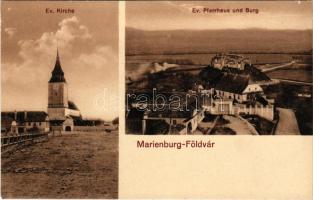 Barcaföldvár, Földvár, Marienburg, Feldioara; Ev. Kirche, Ev. Pfarrhaus und Burg / Evangélikus templom és paplak, vár. Josef Stenner &amp; Son kiadása / Lutheran church, parish, castle