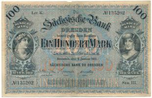 Német Birodalom / Szászország 1911. 100M "hatjegyű sorozatszám" T:F kis anyaghiány German Empire / Saxony 1911. 100 Mark "six digit serial number" C:F small missing material Krause P#S952