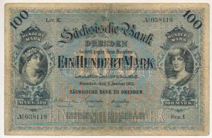 Német Birodalom / Szászország 1911. 100M "hatjegyű sorozatszám" T:F,VG German Empire / Saxony 1911. 100 Mark "six digit serial number" C:F,VG Krause P#S952
