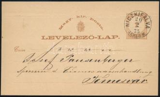 1875 2kr díjjegyes levelezőlap luxus &quot;NICZKIFALVA / TEMES M.&quot; bélyegzéssel Temesvárra (Gudlin 100 p)