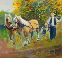 Bujáki József (-). Fűhordás, olaj, farost, jelzett, fakeretben, 40×50 cm