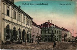 Gyergyószentmiklós, Gheorgheni; Piac tér, M. kir. dohány nagy áruda, Lázár, Schwarz és Schmidt János üzlete. Burján és Székely kiadása / square, shops (fl)