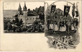 1911 Máriaradna, Mária-Radna, Radna (Lippa, Lipova); Kegytemplom, körmenet. Dimfeld Simon kiadása / pilgrimage church, procession. Art Nouveau, floral (fl)