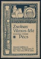 cca 1905-1915 ,,Zsolnay Vilmos-féle keramiai gyárak Pécs&quot;, szecessziós reklámillusztráció, klisé, papír, jelzés nélkül (Kozma Lajos?), kartonra kasírozva, 18x12,5 cm