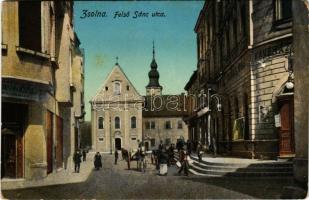 Zsolna, Sillein, Zilina; Felső Sánc utca, szálloda és kávéház, divatáruház üzlet. Schwarcz Vilmos kiadása / street view, hotel and cafe, fashion store, shops (kopott sarkak / worn corners)