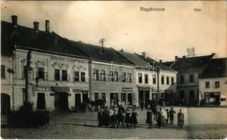 1910 Nagybiccse, Nagy-Bittse, Bytca; Fő tér, Deutsch Ignác szesz szabadraktára, Grünbaum Emil, Berger Ármin, Friedler Ignác, Marer Dávid, Matusek Gusztáv üzlete. Sonnenfeld Vilmos kiadása / main square, shops (Rb)