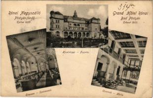 1909 Pöstyén, Piestany; Rónai nagyszálloda, homlokzat, étterem, csarnok / Grand Hotel Rónai, Facade, Speisesaal, Halle / hotel, dining hall, interiors (gyűrődés / crease)