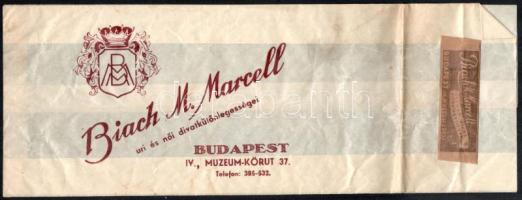 cca 1936 Biach M. Marcell Budapest - Múzeum körúti divatkereskedő papírzacskója, szép állapotban, 11,5×24,5 cm