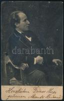 1908 Heinemann Sándor német hangverseny- és kamaraénekes autográf sorai és aláírása egy Pöstyénből Pécelre, a Seiber család (Frau Michael Seiber, feltehetőn Seiberné Patay Berta) részére küldött, feltehetően őt magát megörökítő fotólapon (Kohn Nyomda Pöstyén).