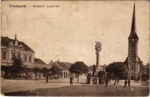 1934 Érsekújvár, Nové Zámky; Kossuth Lajos tér, Nemzeti szálloda, Pollák Vilmos üzlete, templom. Vasúti levelezőlapárusítás 178. / square, hotel, church, shops (ázott / wet damage)