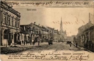 1902 Losonc, Lucenec; Gácsi utca, Szálloda a Magyar Királyhoz, üzletek. Kármán Zsigmond kiadása / street view, hotel, shops (fl)