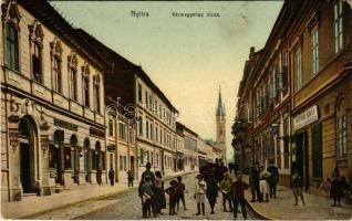 1910 Nyitra, Nitra; Vármegyeház utca, Meitner Miksa sütöde és cukrászda, Pécs Ede, Weigl A. üzlete / street view, confectionery and shops (EK)