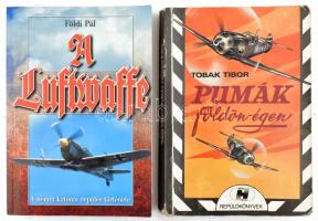 Földi Pál: A Luftwaffe. H.n., é.n., Anno Kiadó. Kiadói papírkötés. + Tobak Tibor: Pumák földön-égen. Egy vadászrepülő kalandjai. Bp., 1989, Háttér. Kiadói papírkötés, foltos.