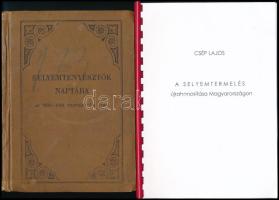 1903 Selyemtenyésztők naptára az 1903-1904. tenyésztési évre. IV. évf. Kiadja és a selyemtermelőknek ingyen kiosztja: a magyar királyi földmívelésügyi ministerium Országos Selyemtenyésztési Felügyelőség Szegzárdon. Bp.,(1903), Légrády-ny., 156+4 p. Szövegközti és egészoldalas fekete-fehér fotókkal illusztrált. Kiadói egészvászon-kötés, kopott borítóval, bélyegzésekkel. + Csép Lajos: A selyemtermelés újrahonosítása Magyarországon. Bp., 2015., Szerzői kiadás. Spirálkötésben.