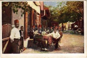 Ada Kaleh, utcai részlet, török kávéház. Művészlevelezőlap M.F.T.R. 6314-1. Klösz műintézet / street view, Turkish café