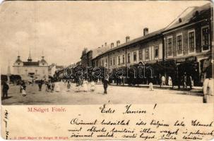 1901 Máramarossziget, Sighetu Marmatiei; Fő tér, Sugatagi János üzlete, piac. Mayer és Berger kiadása / main square, shops, market (EM)
