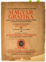 1928 Magyar Grafika IX. évf. 1-2. sz., 1928 jan.-feb. Külön szám: Az univeristas nyomdája. Nagyszombat - Buda-Pest. Szerk.: Biró Miklós. Bp., Bíró Miklós-ny., 72+IV p. Nagyon gazdag kép- és reklámanyaggal illusztrált. Kiadói papírkötés, sérült, hiányos borítóval, ázott, hullámos lapokkal, a címlapon tévesen 1927 szerepel.