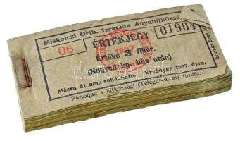 1937. 3f "Miskolczi Orth. Izraelita Anyahitközség" értékjegye negyed kilogramm hús után (97x) közel teljes tömb "06 01904 - 06 02000" között T:XF,VF hullámos papír (ázás)