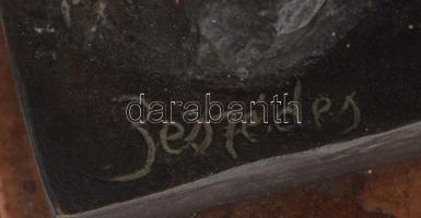 Beszédes János László (1874-1922): Juhász a kutyájával. Patinázott bronz, márvány talapzaton, jelzet...