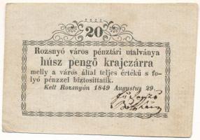 Rozsnyó 1849. 20kr &quot;Rozsnyó város pénztári utalványa&quot; T:F Hungary / Rozsnyó 1849. 20 Kreuzer &quot;Rozsnyó bánya város pénztári utalványa (Cashier&#039;s Coupon of Mine Town of Roznava)&quot; C:F Adamo ROZ-2.1