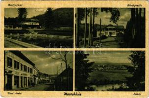 1944 Maroshévíz, Toplita; Bánffy fürdő és szálloda, utca részlet, üzletek, látkép. Zöld Sámuelné kiadása / Baia Banffy / spa, bath and hotel, street view, shops, general view (ragasztónyom / glue marks)