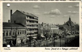 1943 Debrecen, Ferenc József út, Hangya palota, villamos, Springer József üzlete (lyukasztott / punched holes)