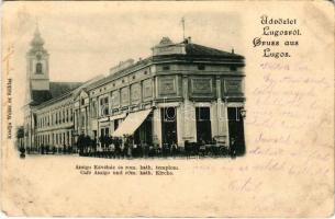 1900 Lugos, Lugoj; Amigo kávéház, Római katolikus templom. Weisz és Sziklai kiadása / Café Amigo und röm. kath. Kirche / café, Catholic church (Rb)